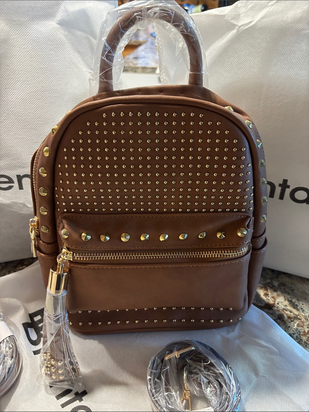 Brentano Super Soft Brown Studded Mini Backpack with Gold Hardware